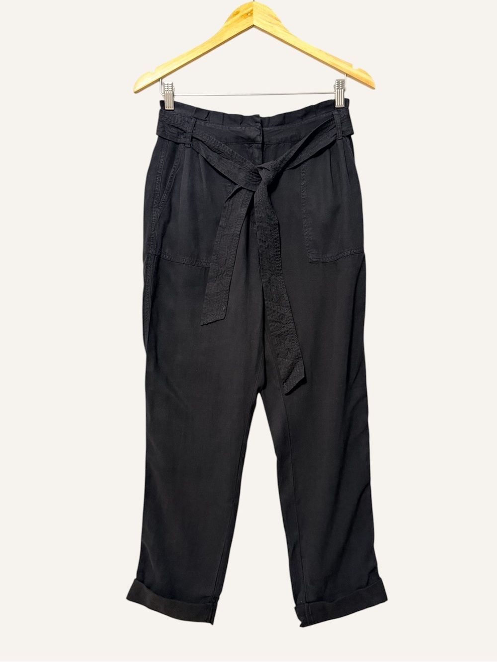 Treasure & Bond Paper Bag Waist Lightweight Cuffed Trousers Size 6 Black Belted